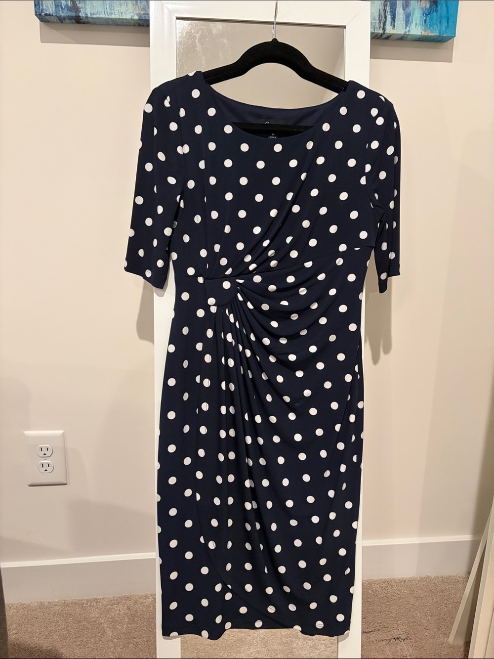 connected apparel Navy and White Polka Dot Midi Dress with Twist Detail